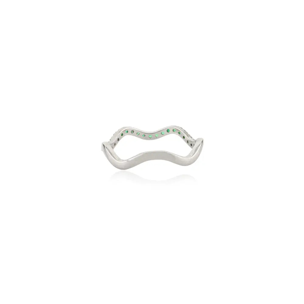 Round Cut Zambian Emerald 14K Solid White Gold Stacking Wavy Band Ring Designer Jewelry