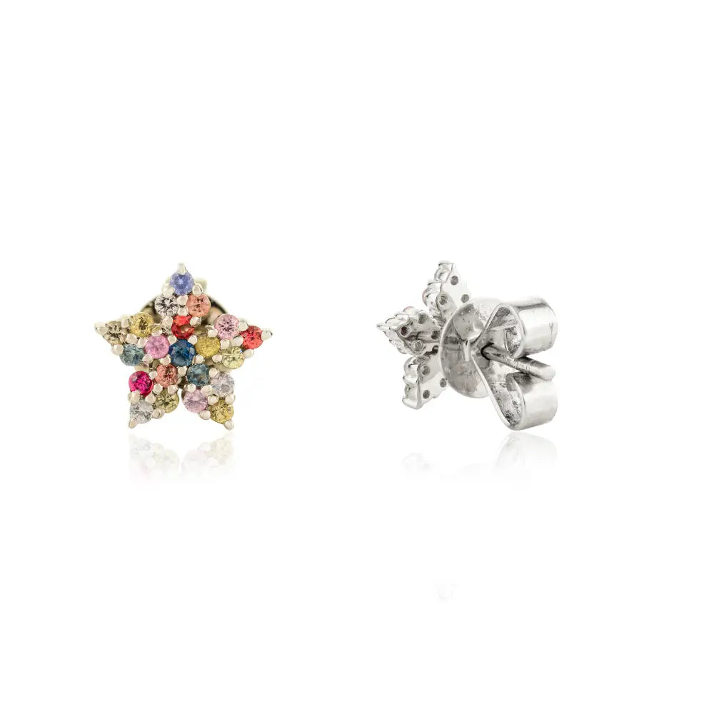 Real 14K White Gold Multi Sapphire Star Shape Stud Earrings Birthstone Jewelry Manufacturer
