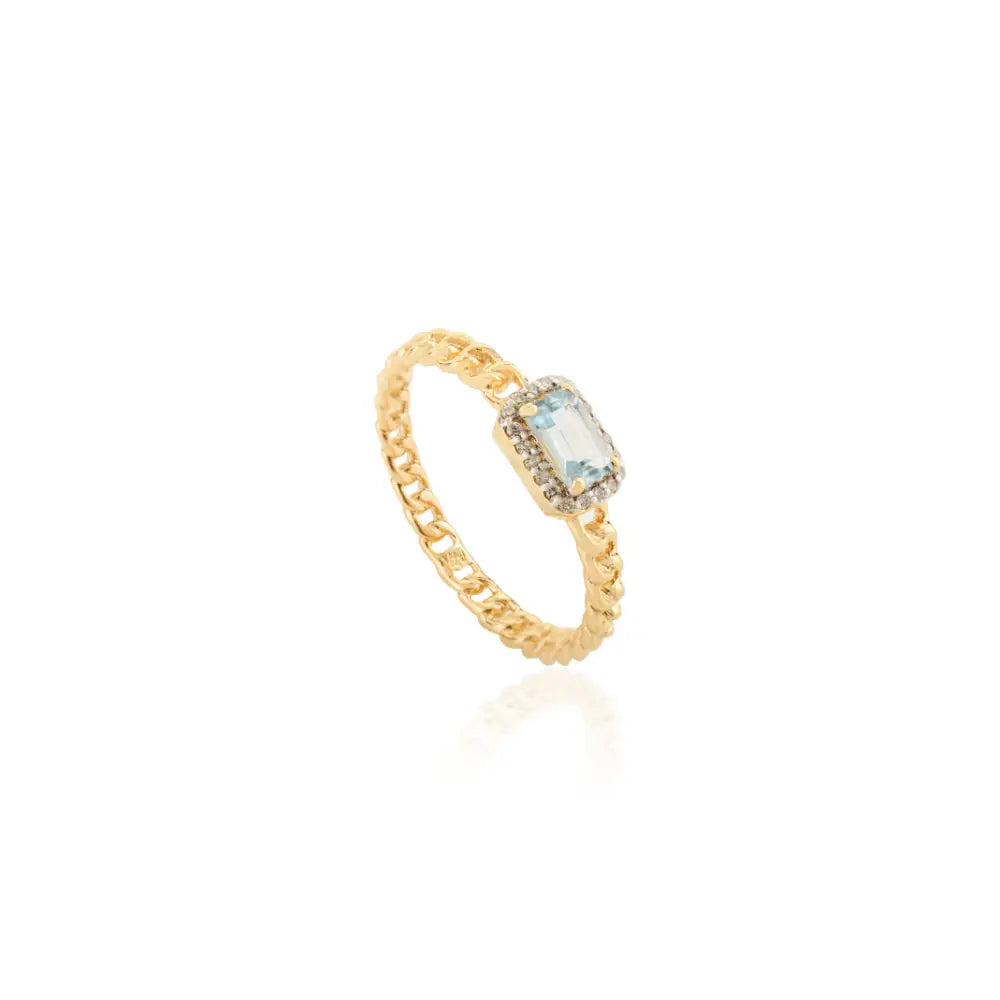 5X3 MM Blue Topaz & Diamond Unique Design Halo Curb Link Chain Ring 14K Yellow Gold