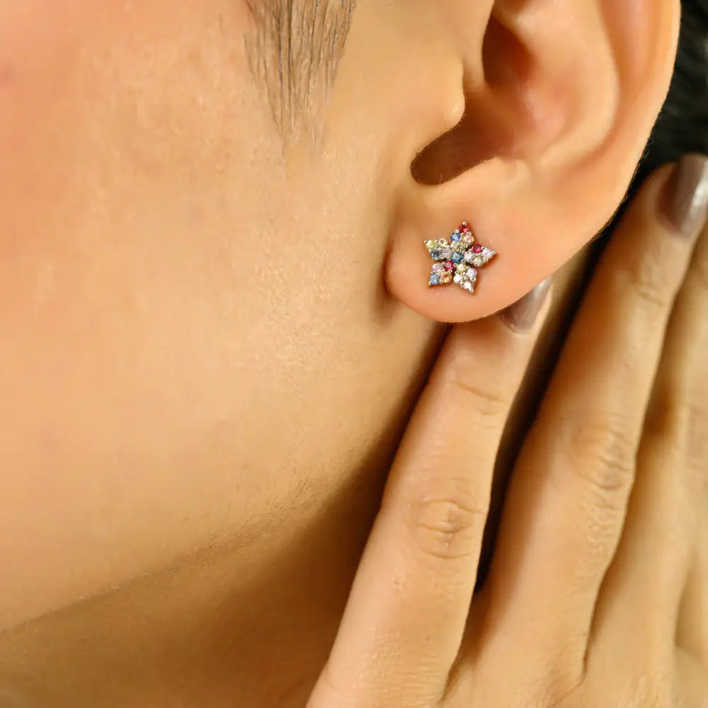 Real 14K White Gold Multi Sapphire Star Shape Stud Earrings Birthstone Jewelry Manufacturer