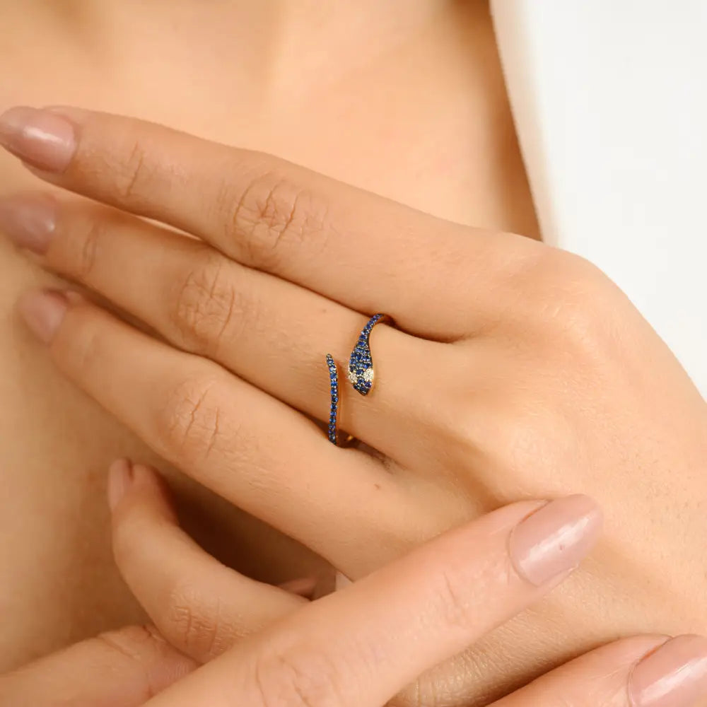 Unique Design Blue Sapphire & Diamond Pave Set Snake Ring Pure K14 Yellow Gold Minimal Jewelry