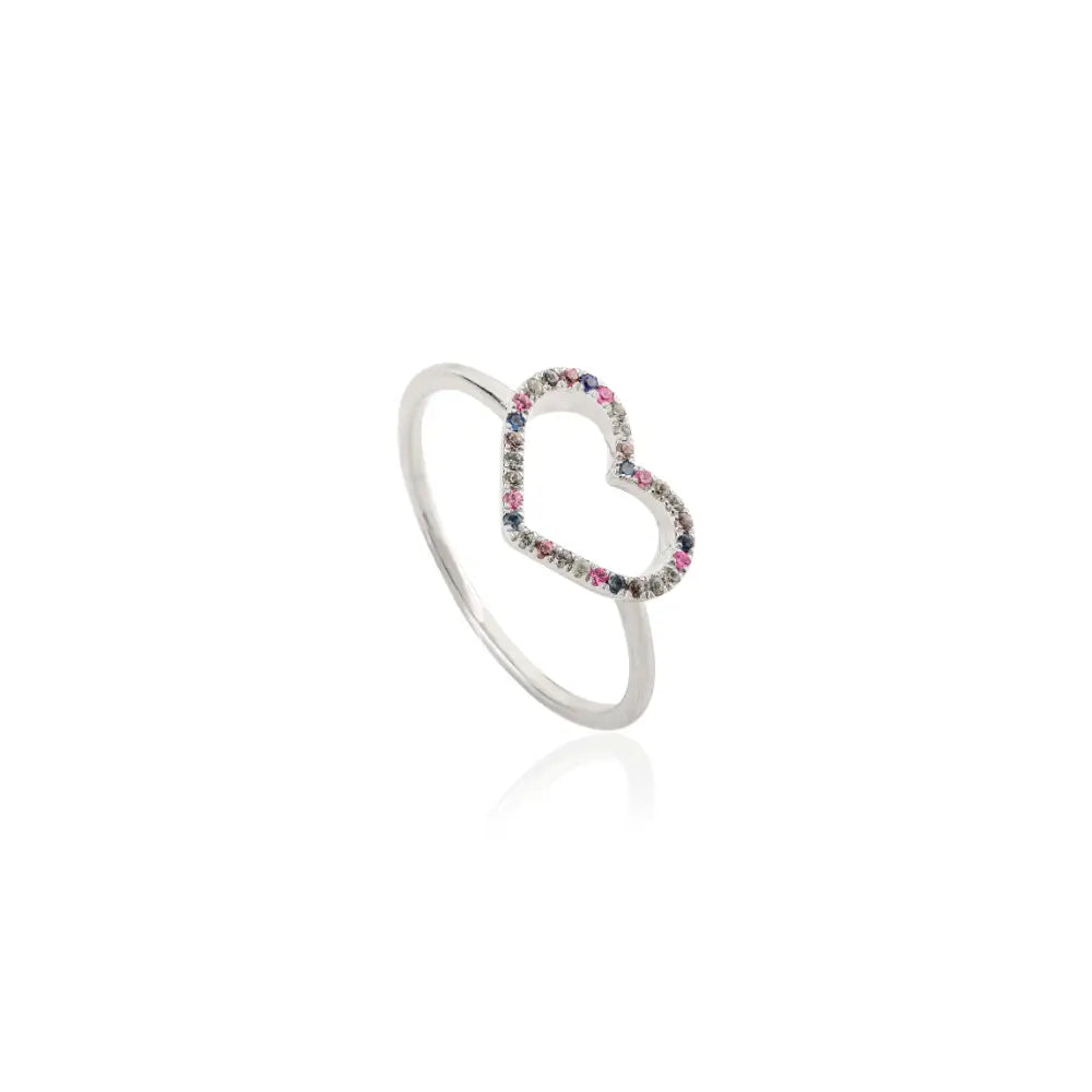 Colorful Gemstone Multi Sapphire Heart Shape Promise Ring Real K14 White Gold Anniversary Gift