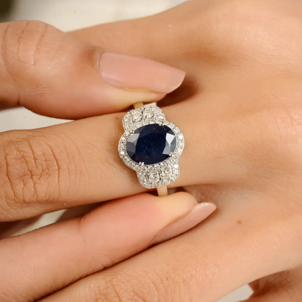 Wedding Wholesale Jewelry 14K Solid Gold Blue Sapphire & Diamond Statement Ring Unisex