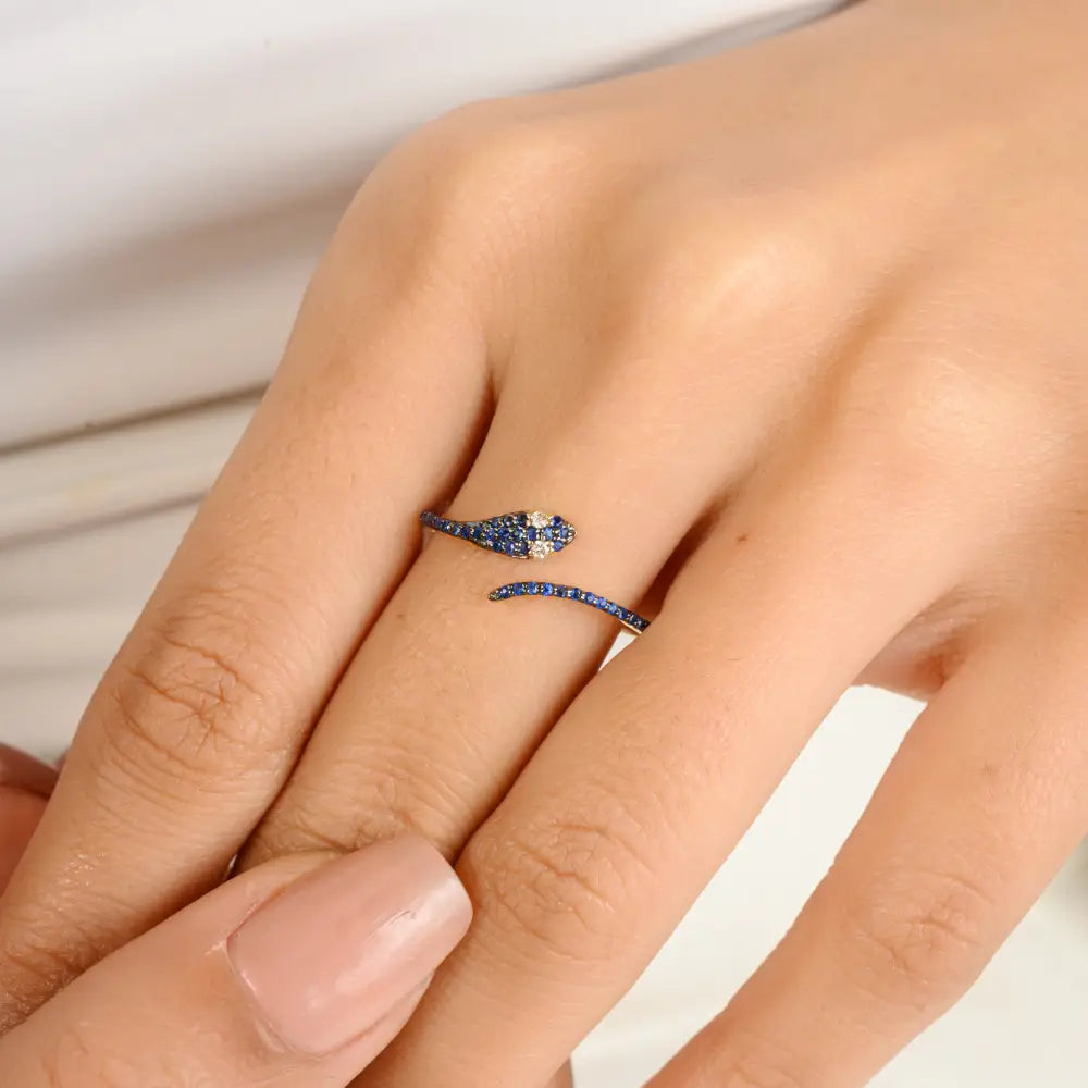 Unique Design Blue Sapphire & Diamond Pave Set Snake Ring Pure K14 Yellow Gold Minimal Jewelry
