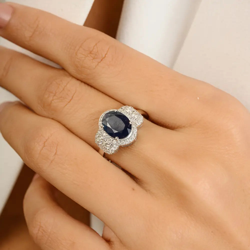 Wedding Wholesale Jewelry 14K Solid Gold Blue Sapphire & Diamond Statement Ring Unisex