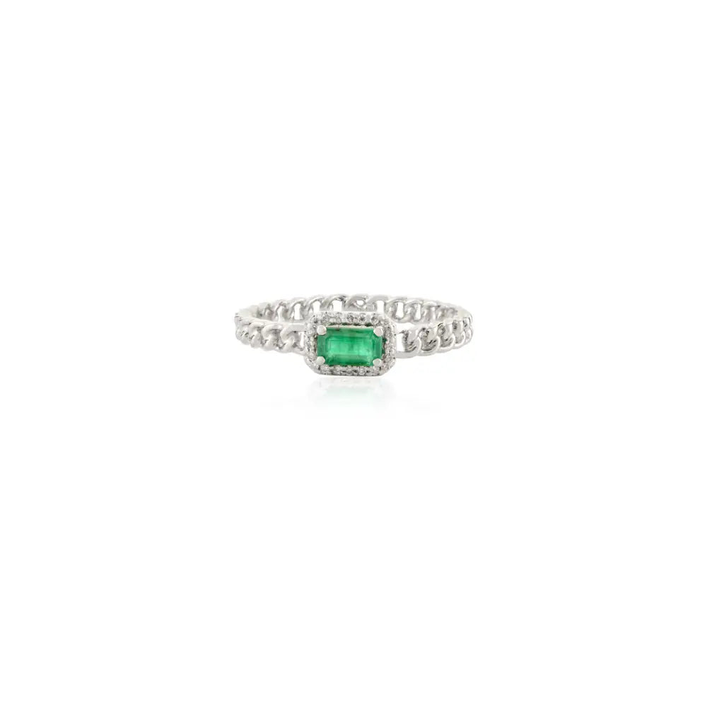 Zambian Emerald & Diamond 14K White Gold Halo Cuban Chain Band Ring Stackable Jewelry