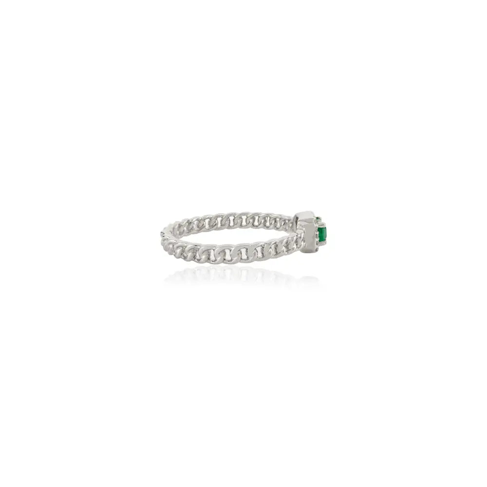 Zambian Emerald & Diamond 14K White Gold Halo Cuban Chain Band Ring Stackable Jewelry