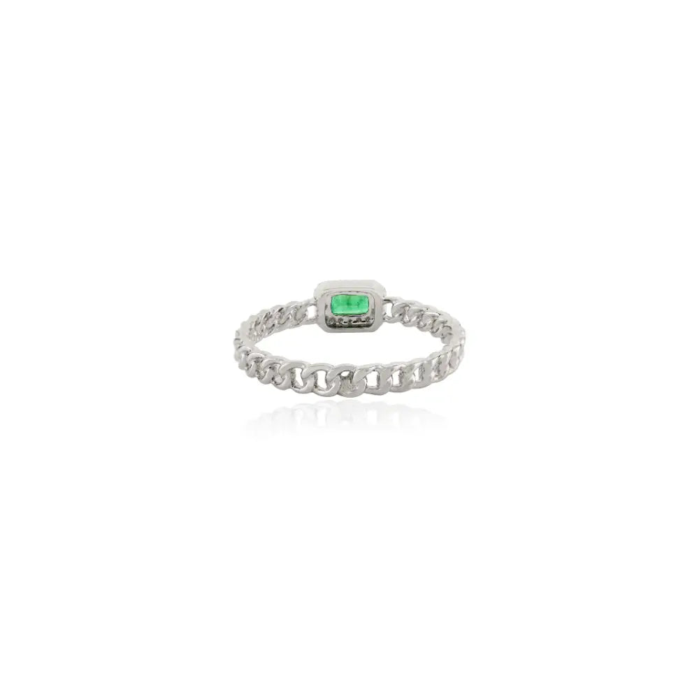 Zambian Emerald & Diamond 14K White Gold Halo Cuban Chain Band Ring Stackable Jewelry