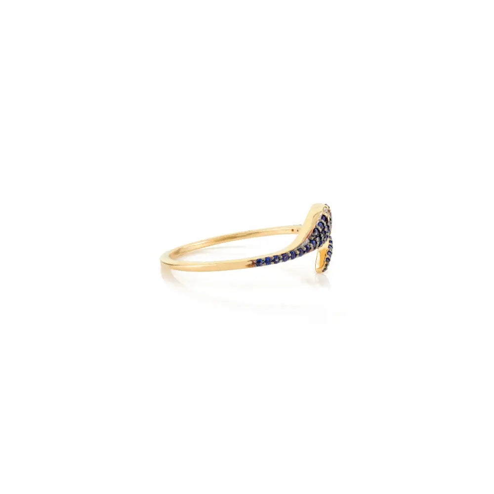 Unique Design Blue Sapphire & Diamond Pave Set Snake Ring Pure K14 Yellow Gold Minimal Jewelry