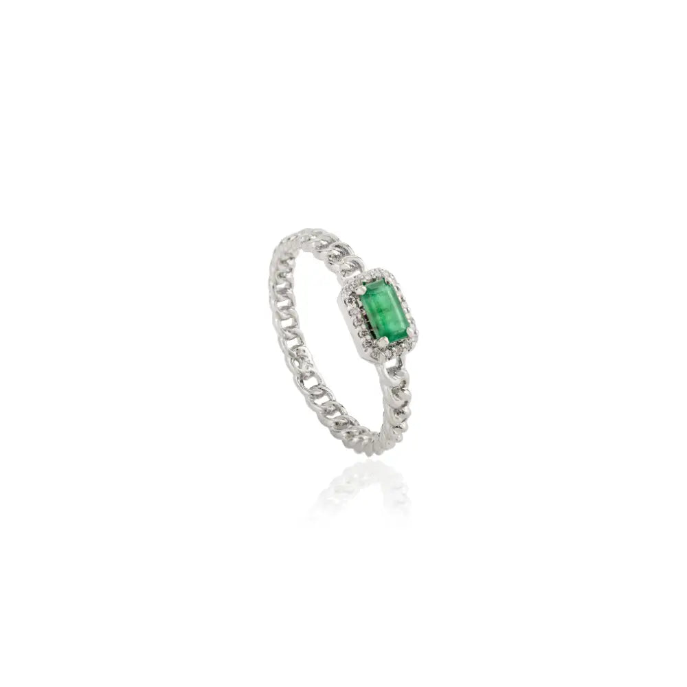 Zambian Emerald & Diamond 14K White Gold Halo Cuban Chain Band Ring Stackable Jewelry
