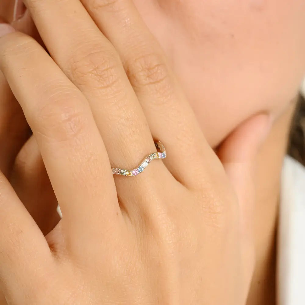 Colorful Gemstone Multi Sapphire Stacking Wavy Band Ring Solid K14 White Gold Jewelry