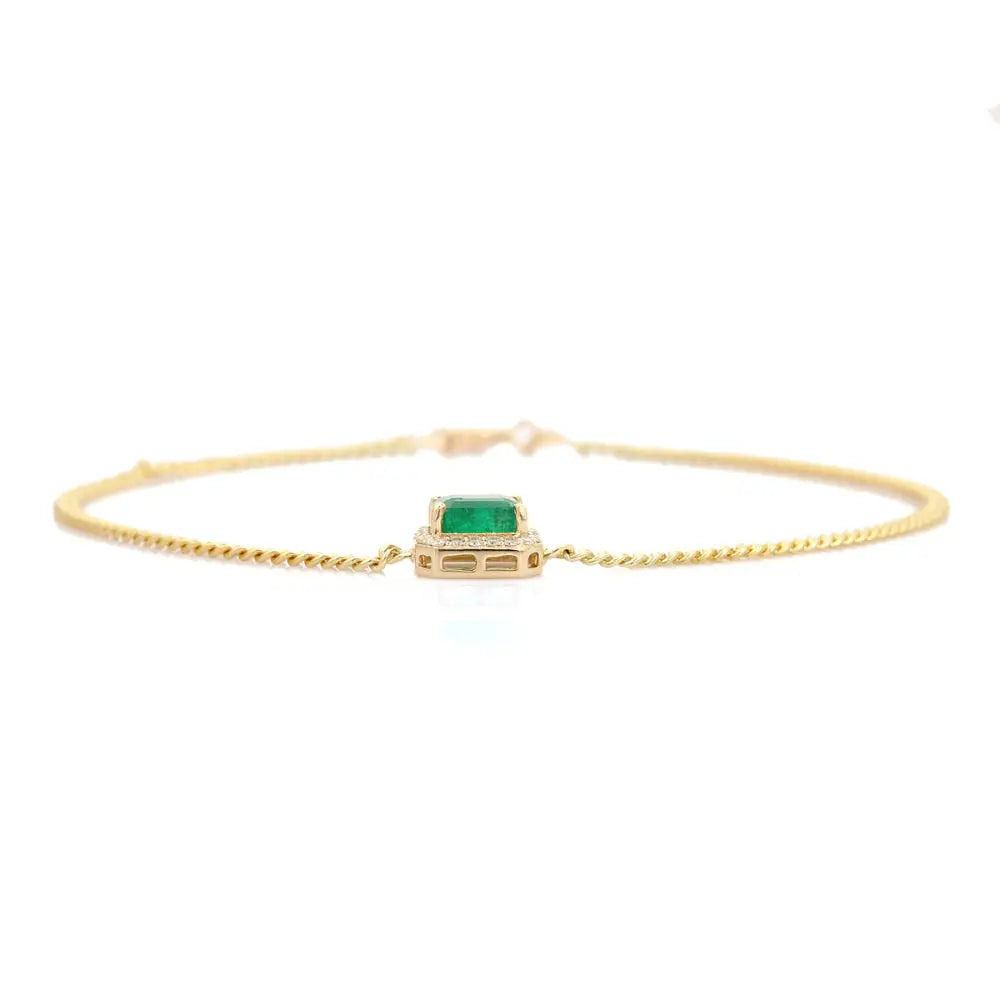 Miami Cuban Link Chain Solitaire Emerald & Diamond Halo Bracelet Solid K14 Yellow Gold