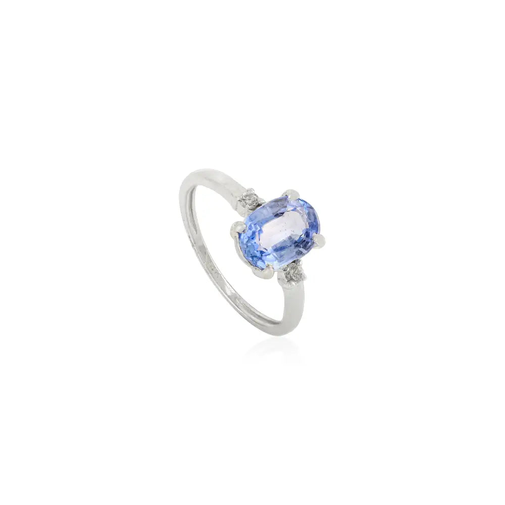 Trendy Oval Blue Sapphire & Round Diamond 14K White Gold Three Stone Ring Gift For Her