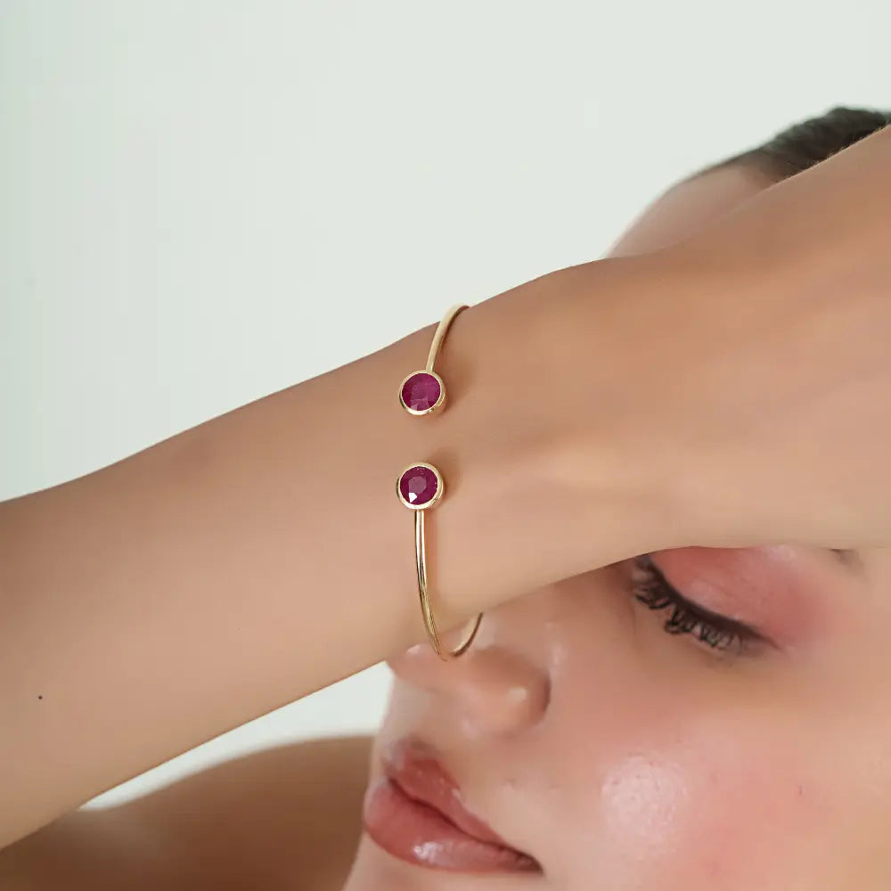 6.5 mm Round Cut Ruby Gemstone Sleek Cuff Bangle Anniversary Gift Solid 14K Yellow Gold