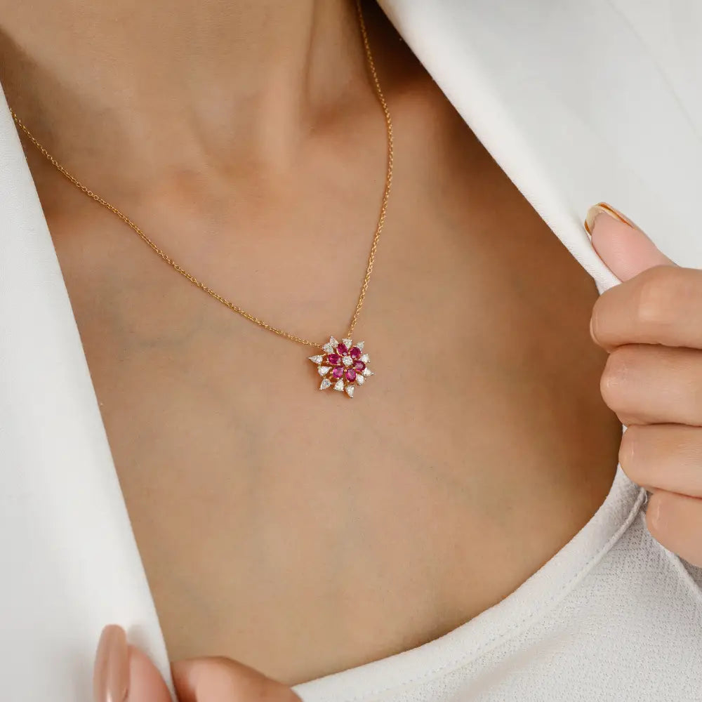 K18 Rose Gold Natural Ruby & Diamond Flower Shape Pendant Chain Necklace For Women