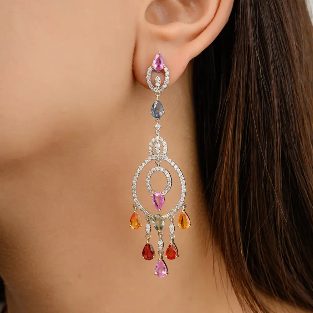 Multi Sapphire & Diamond Chandelier Earrings Prong Setting Wholesale Jewelry Supplier