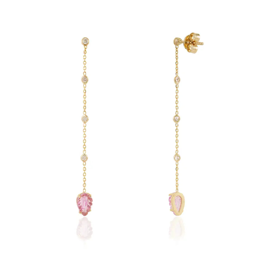 14K Yellow Gold Carving Leaf Shape Pink Tourmaline & Diamond Long Dangle Earrings