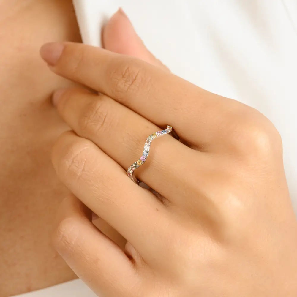 Colorful Gemstone Multi Sapphire Stacking Wavy Band Ring Solid K14 White Gold Jewelry