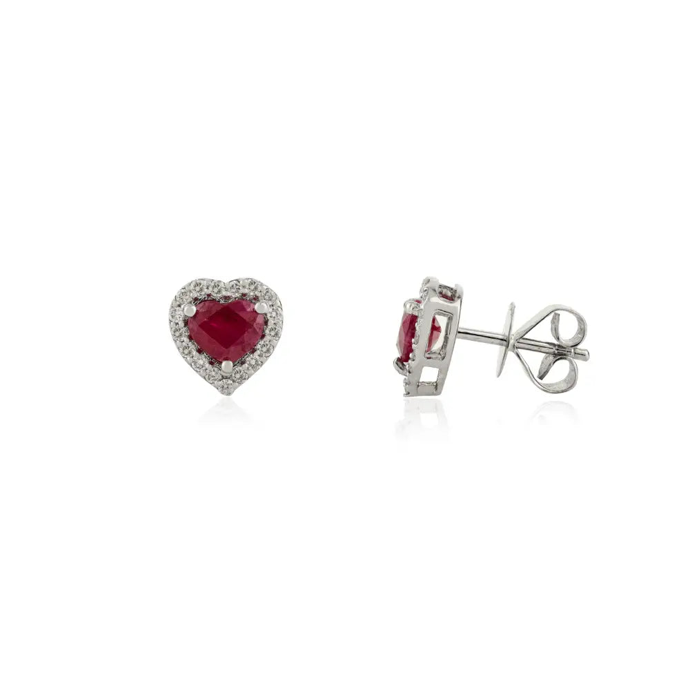 Halo Design 100% Natural Ruby & Diamond Heart Shape Stud Earrings Solid K14 White Gold