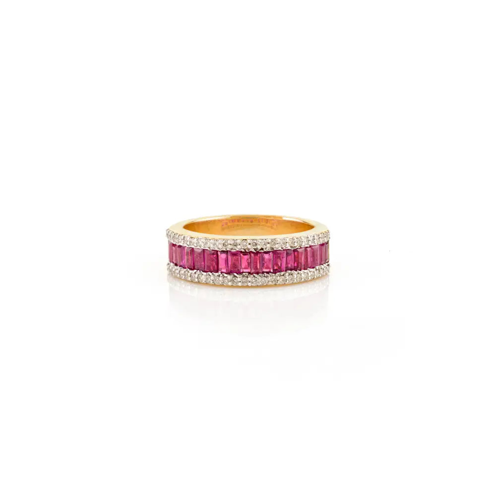 Channel Set Genuine Ruby & Diamond Wholesale 14K Yellow Gold Wedding Band Ring Women
