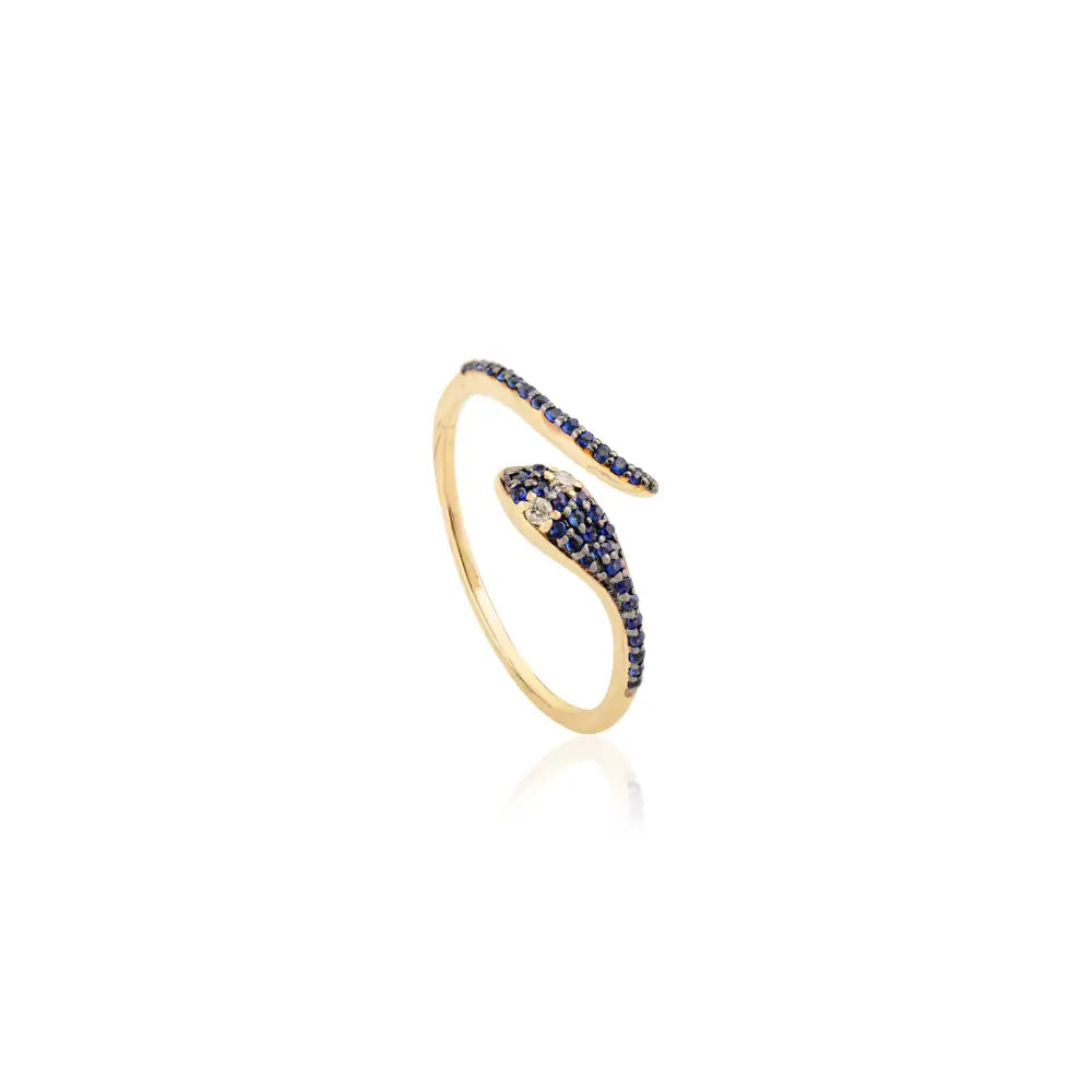 Unique Design Blue Sapphire & Diamond Pave Set Snake Ring Pure K14 Yellow Gold Minimal Jewelry
