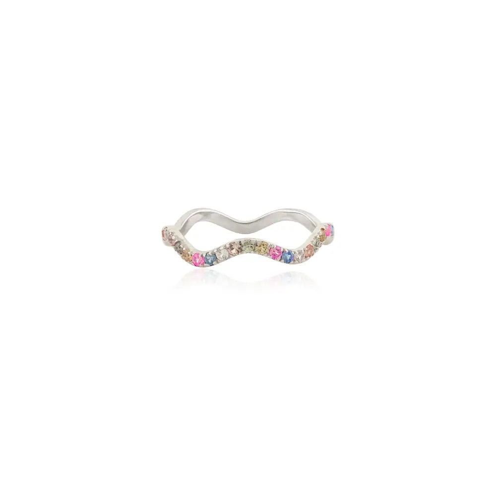 Colorful Gemstone Multi Sapphire Stacking Wavy Band Ring Solid K14 White Gold Jewelry