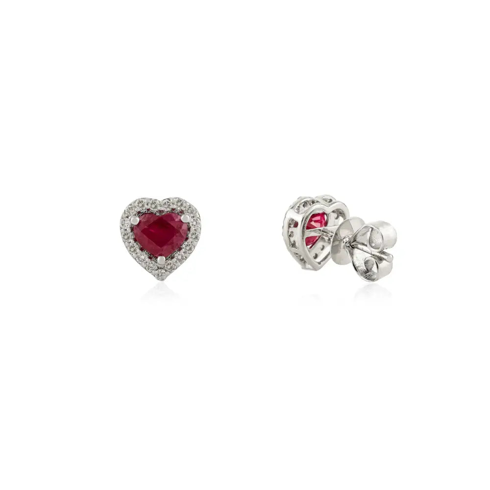 Halo Design 100% Natural Ruby & Diamond Heart Shape Stud Earrings Solid K14 White Gold