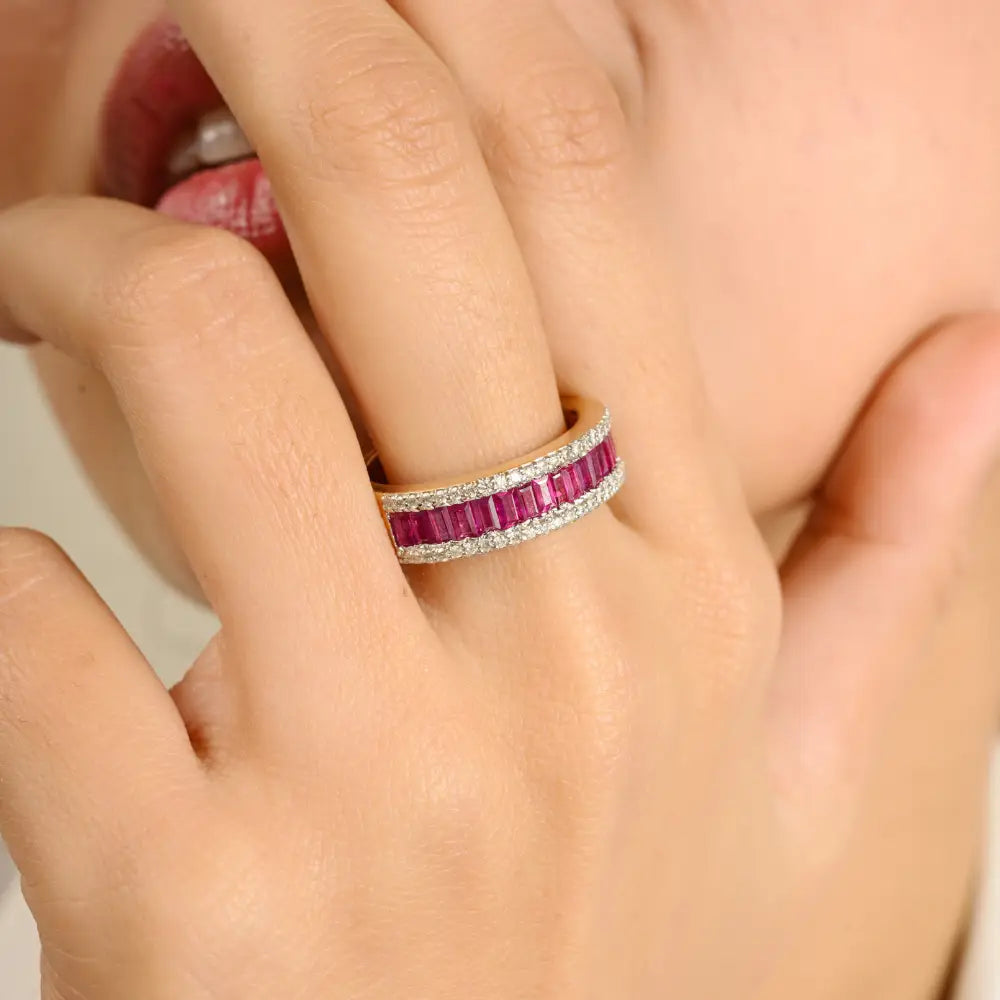 Channel Set Genuine Ruby & Diamond Wholesale 14K Yellow Gold Wedding Band Ring Women