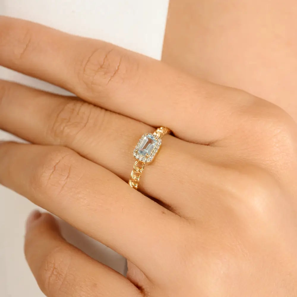 5X3 MM Blue Topaz & Diamond Unique Design Halo Curb Link Chain Ring 14K Yellow Gold