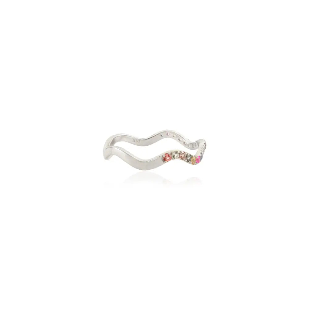 Colorful Gemstone Multi Sapphire Stacking Wavy Band Ring Solid K14 White Gold Jewelry
