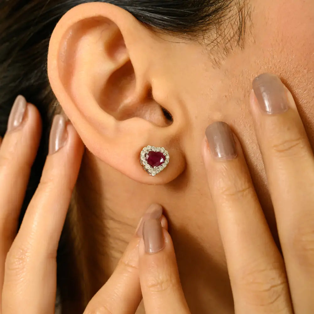 Halo Design 100% Natural Ruby & Diamond Heart Shape Stud Earrings Solid K14 White Gold