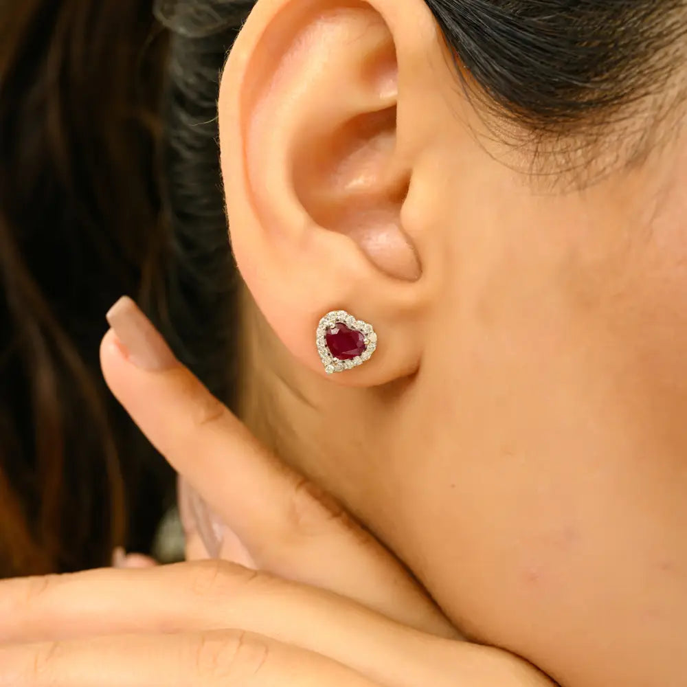 Halo Design 100% Natural Ruby & Diamond Heart Shape Stud Earrings Solid K14 White Gold