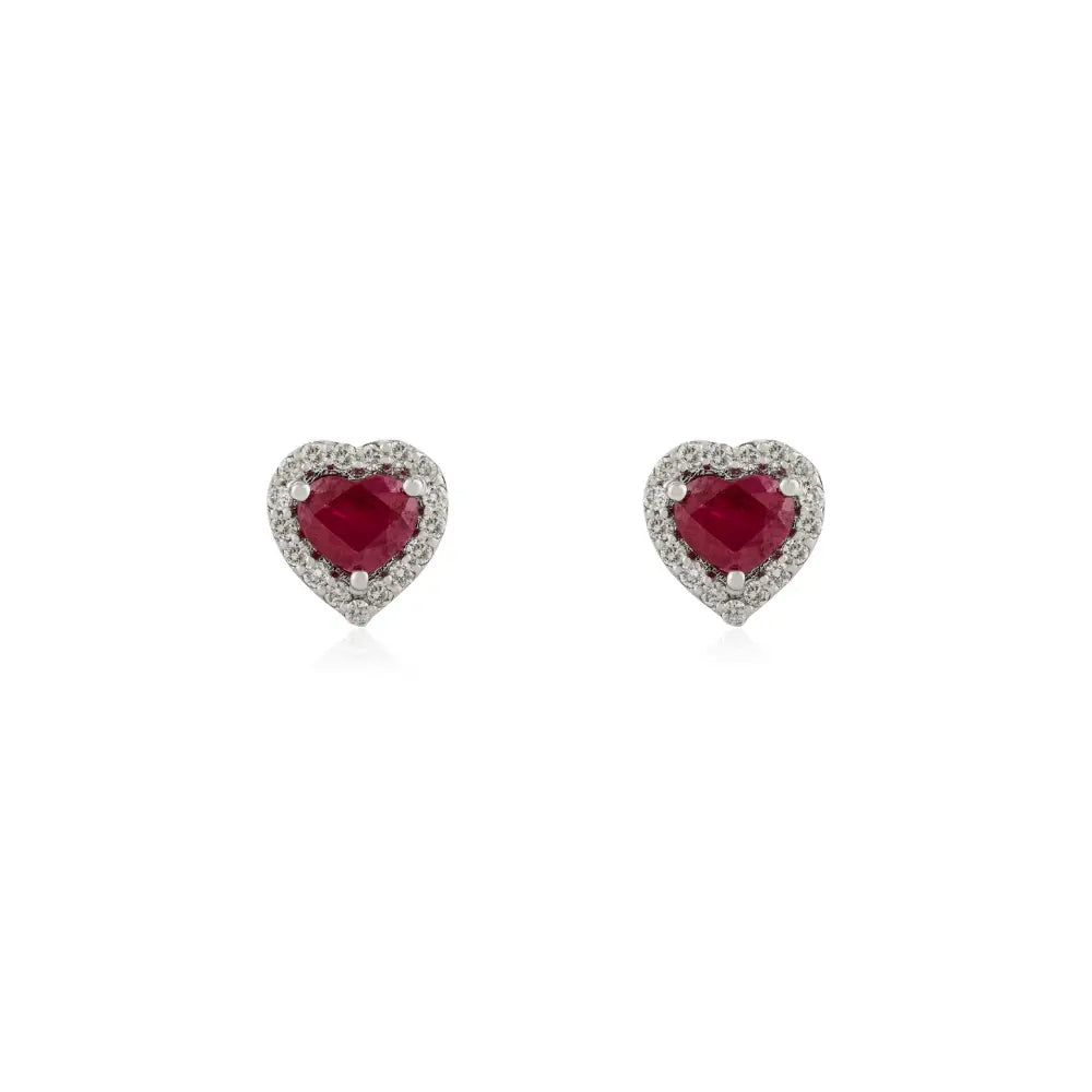Halo Design 100% Natural Ruby & Diamond Heart Shape Stud Earrings Solid K14 White Gold