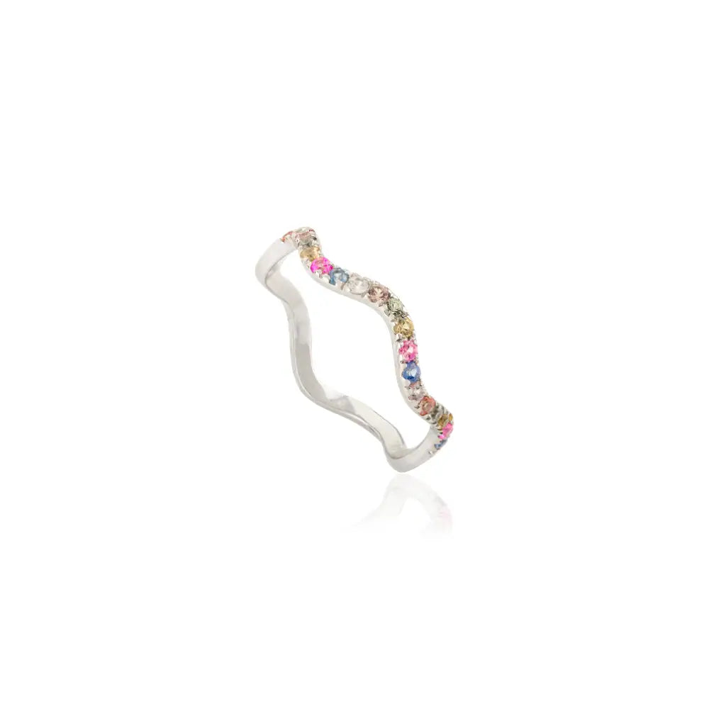 Colorful Gemstone Multi Sapphire Stacking Wavy Band Ring Solid K14 White Gold Jewelry