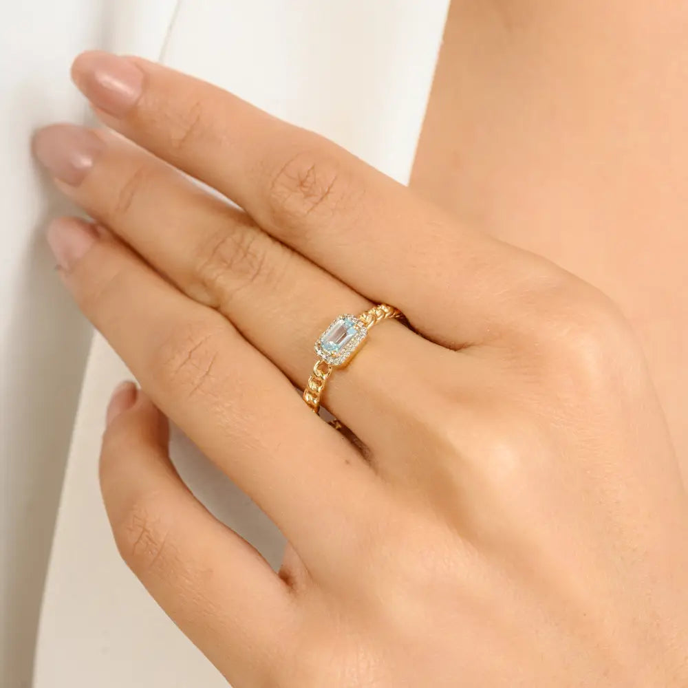 5X3 MM Blue Topaz & Diamond Unique Design Halo Curb Link Chain Ring 14K Yellow Gold