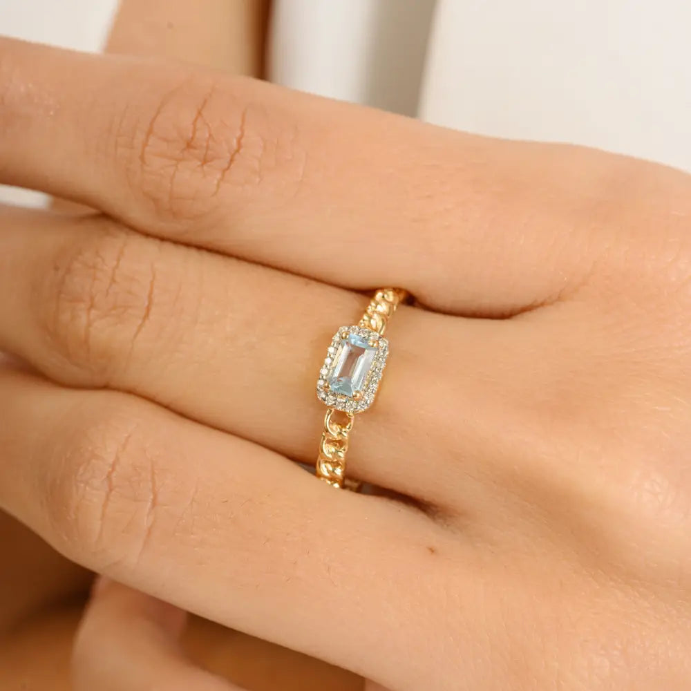 5X3 MM Blue Topaz & Diamond Unique Design Halo Curb Link Chain Ring 14K Yellow Gold