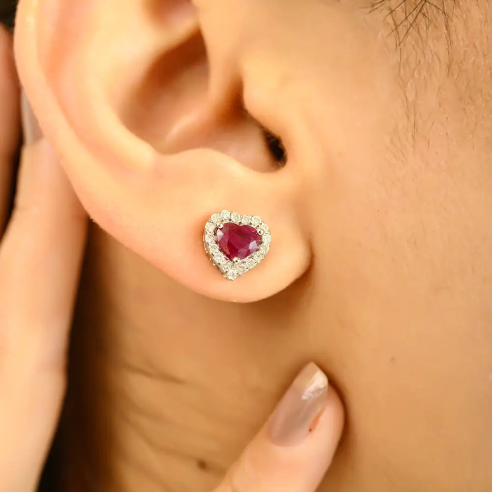 Halo Design 100% Natural Ruby & Diamond Heart Shape Stud Earrings Solid K14 White Gold