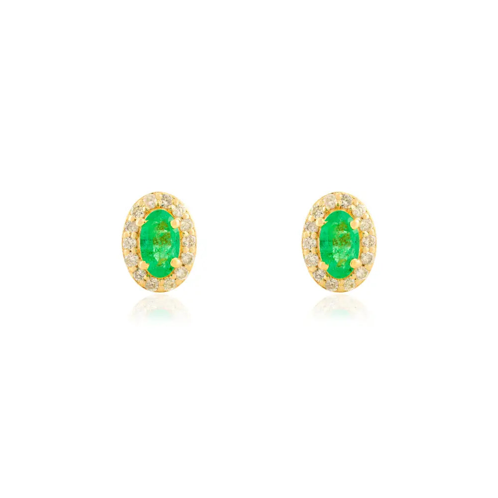 Oval Shape Emerald & Round Cut Diamond Minimal Halo Stud Earrings 18K Yellow Gold