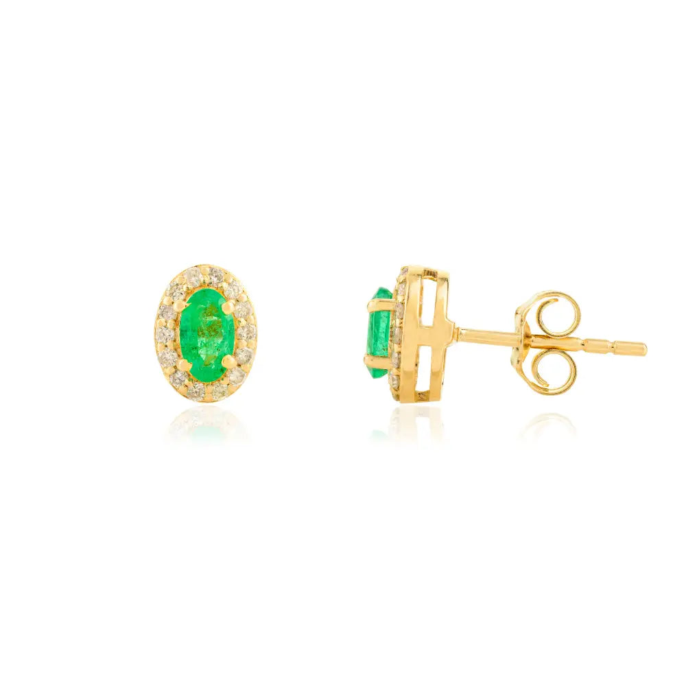 Oval Shape Emerald & Round Cut Diamond Minimal Halo Stud Earrings 18K Yellow Gold