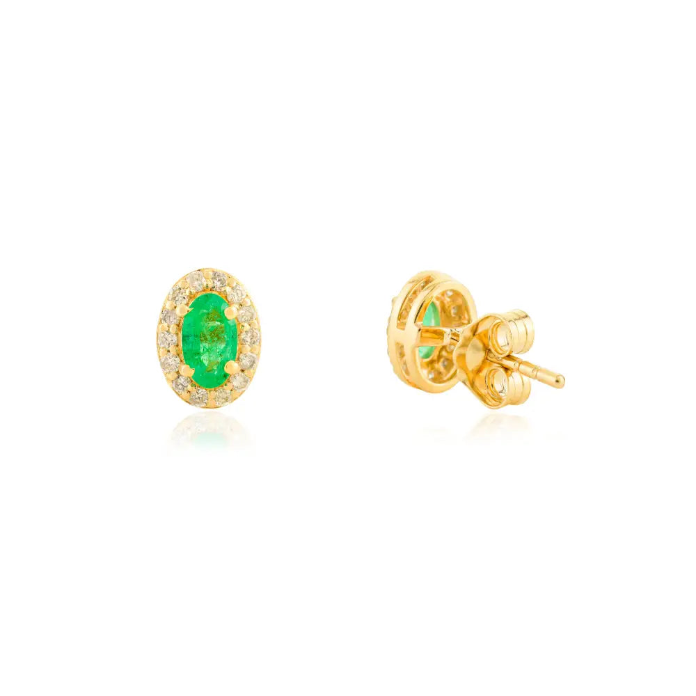 Oval Shape Emerald & Round Cut Diamond Minimal Halo Stud Earrings 18K Yellow Gold