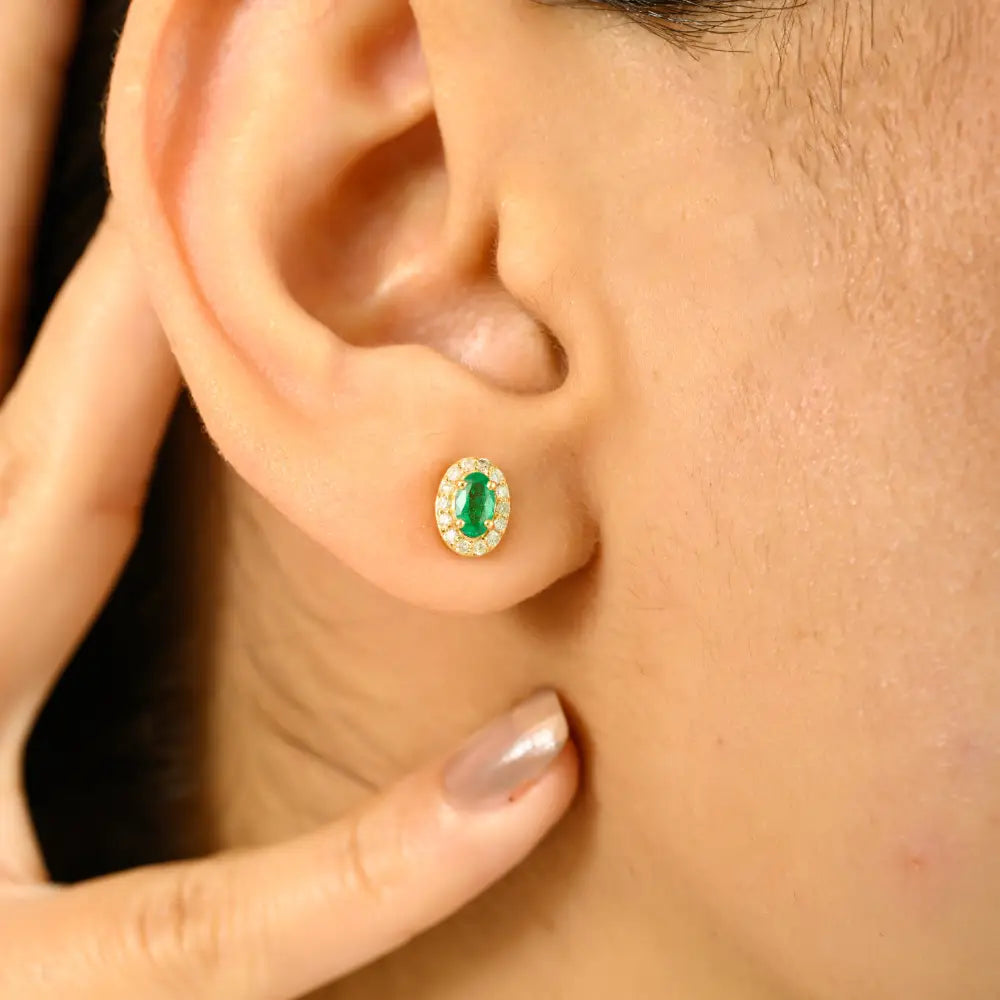 Oval Shape Emerald & Round Cut Diamond Minimal Halo Stud Earrings 18K Yellow Gold