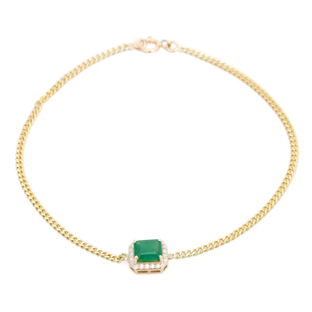 Miami Cuban Link Chain Solitaire Emerald & Diamond Halo Bracelet Solid K14 Yellow Gold