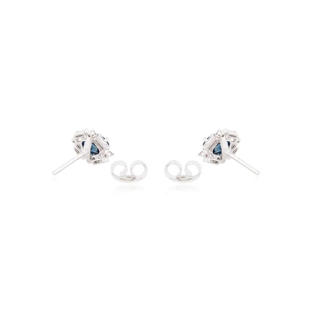 Art Deco Inspired Blue Sapphire & Diamond Halo Stud Earrings 14K Pure White Gold Jewelry