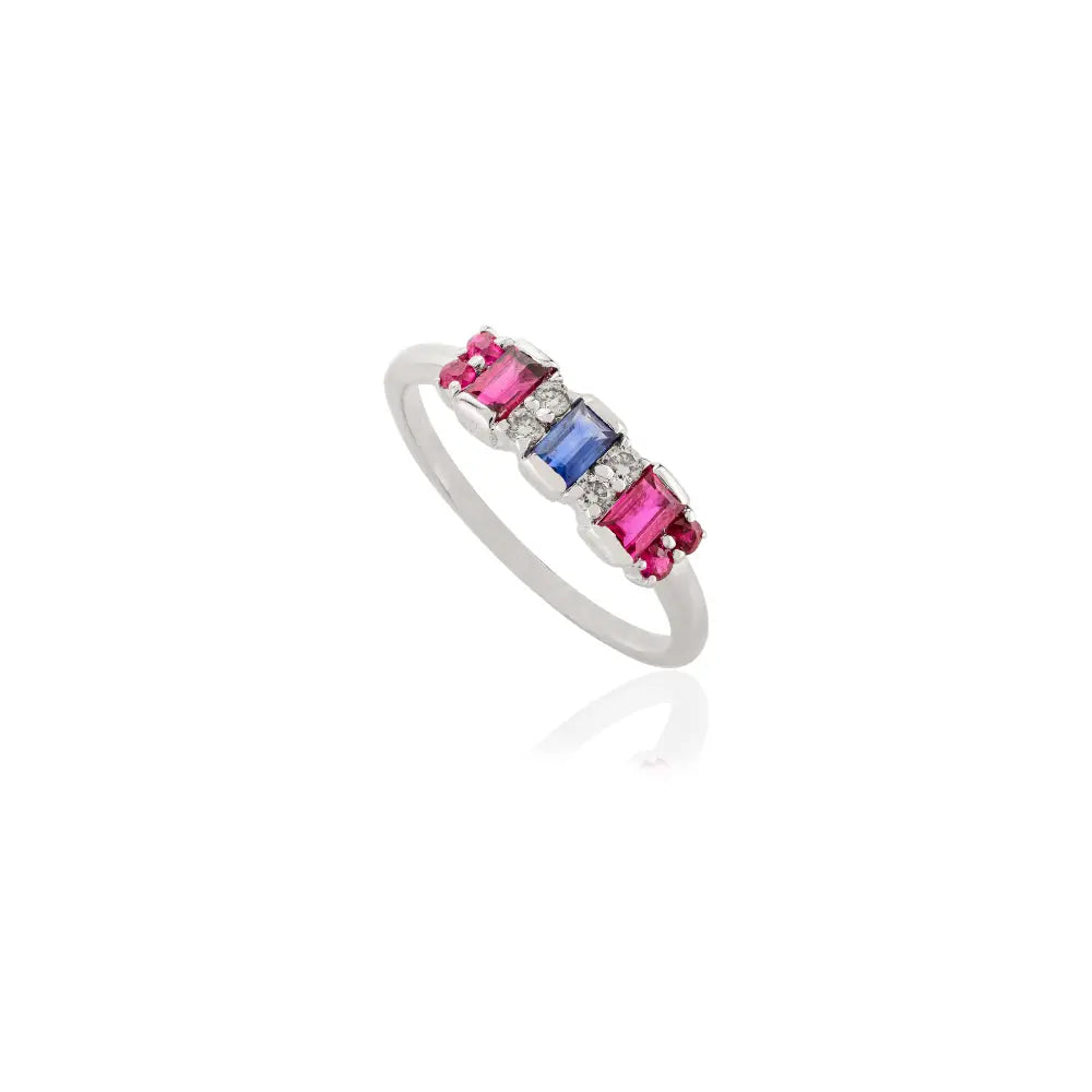 Precious Gemstone Ruby, Blue Sapphire & Diamond 14K White Gold Designer Ring