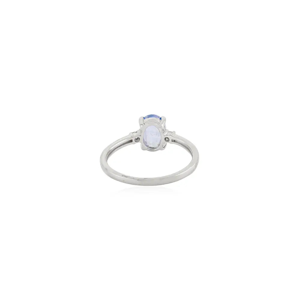 Trendy Oval Blue Sapphire & Round Diamond 14K White Gold Three Stone Ring Gift For Her