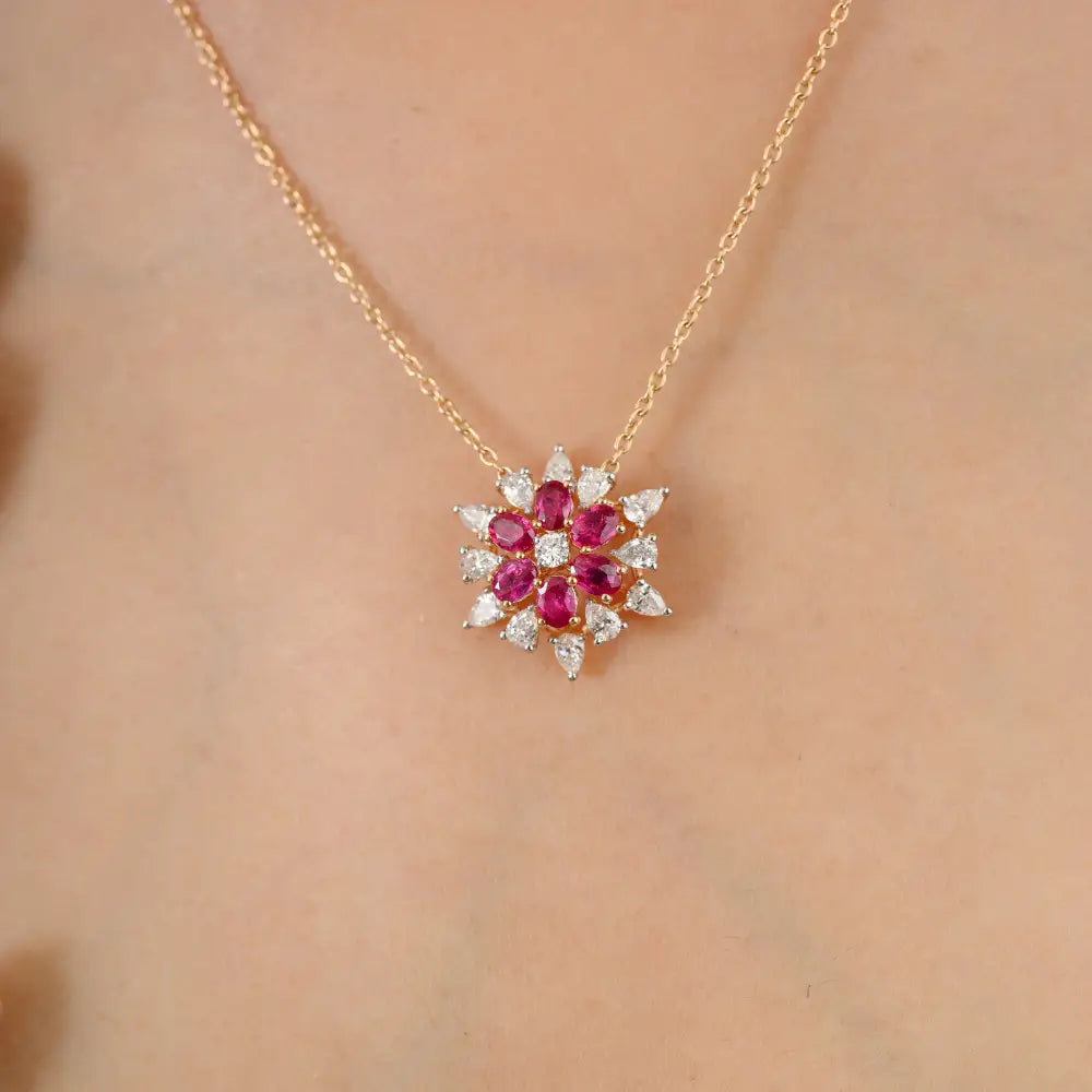 K18 Rose Gold Natural Ruby & Diamond Flower Shape Pendant Chain Necklace For Women