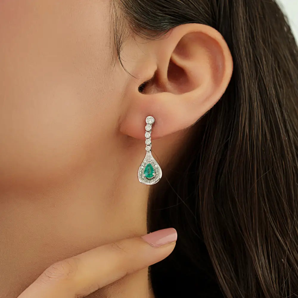 Real K14 White Gold Emerald & Diamond Teardrop Earrings Precious Gemstone Jewelry Supplier