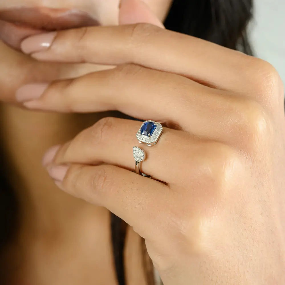 Everyday Jewelry Natural Blue Sapphire & Diamond Open Ring Wholesale Price 14K Gold