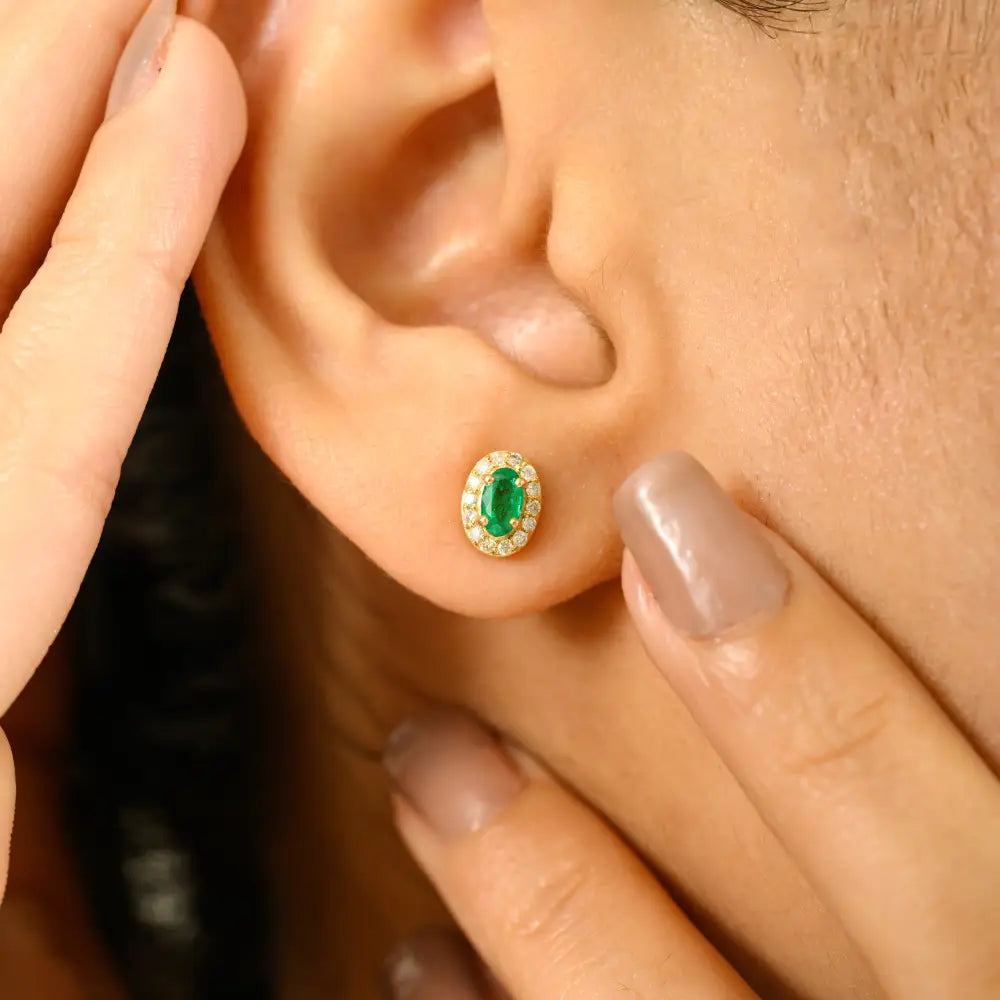 Oval Shape Emerald & Round Cut Diamond Minimal Halo Stud Earrings 18K Yellow Gold