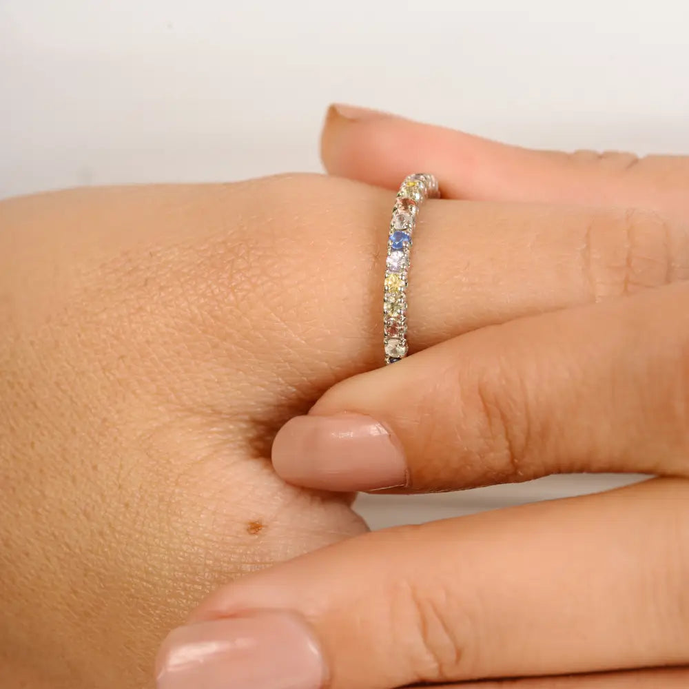 Solid K14 White Gold Round Cut Multi Gemstone Stacking Full Eternity Band Ring Simple Jewelry